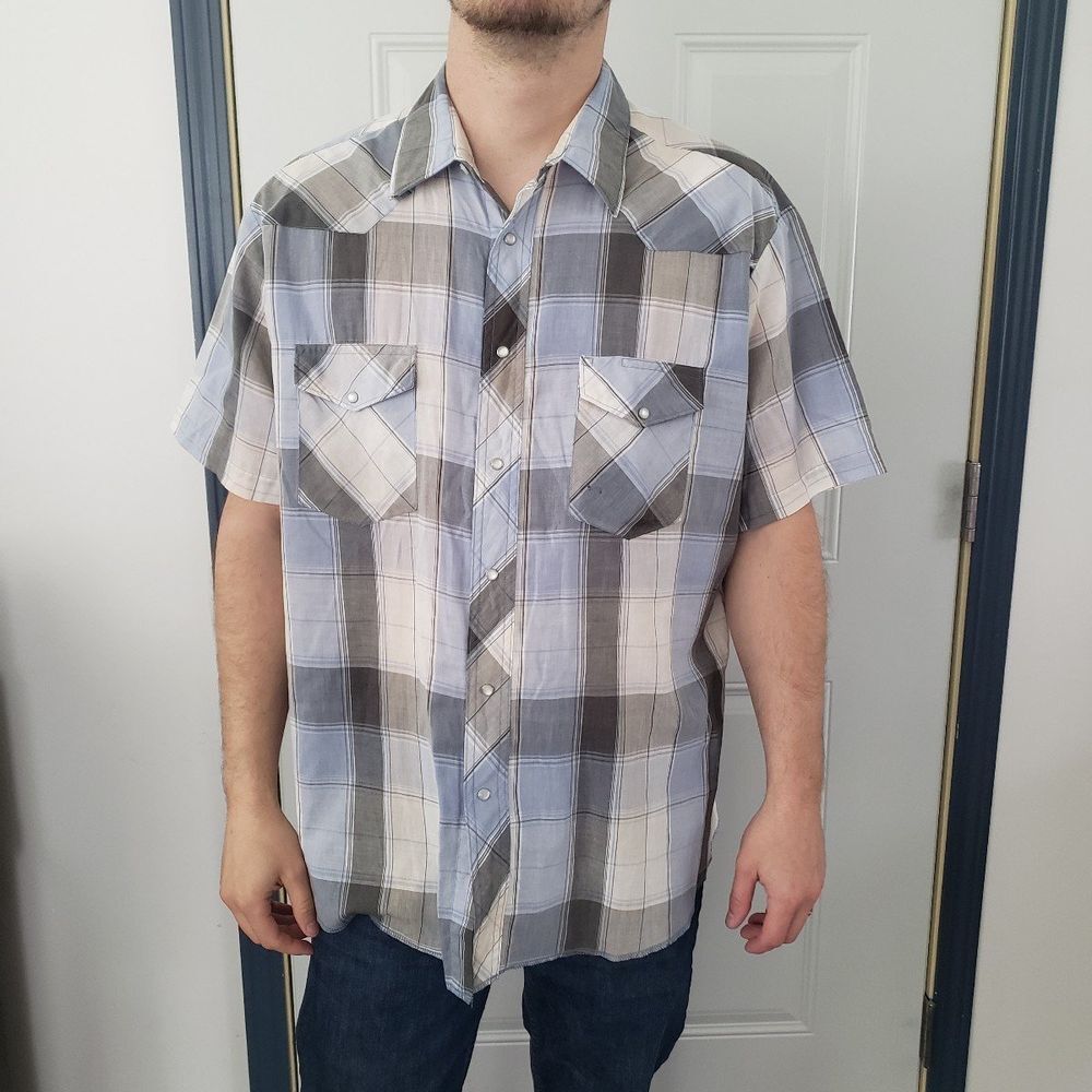 90s Wrangler Blue and Gray‎ Plaid Button Down